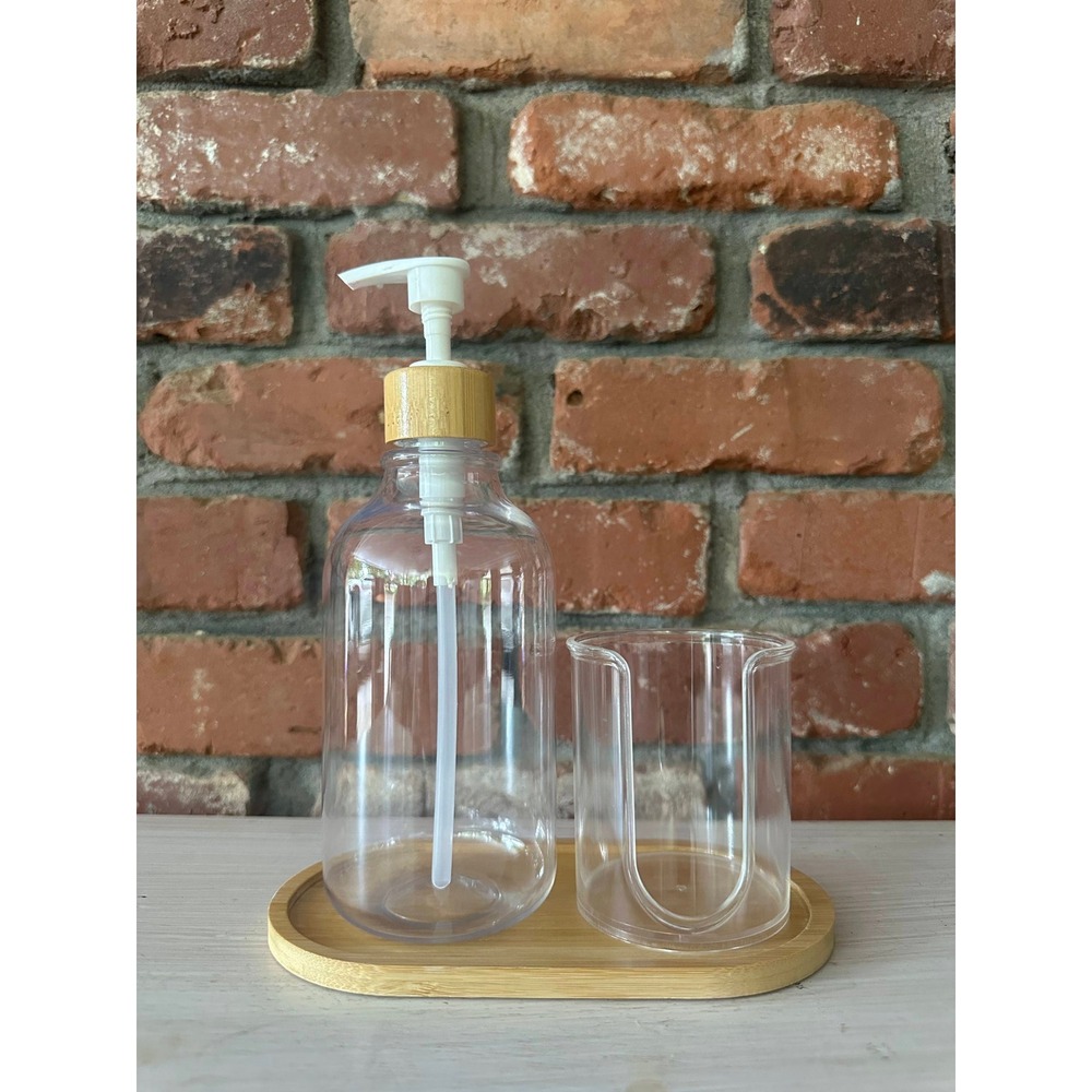 Bathroom Mouthwash Dispenser Set with Bamboo Tray